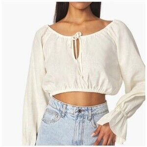 NWT! WeWoreWhat On/Off Shoulder Tie Front Top Size Large Linen Blend White